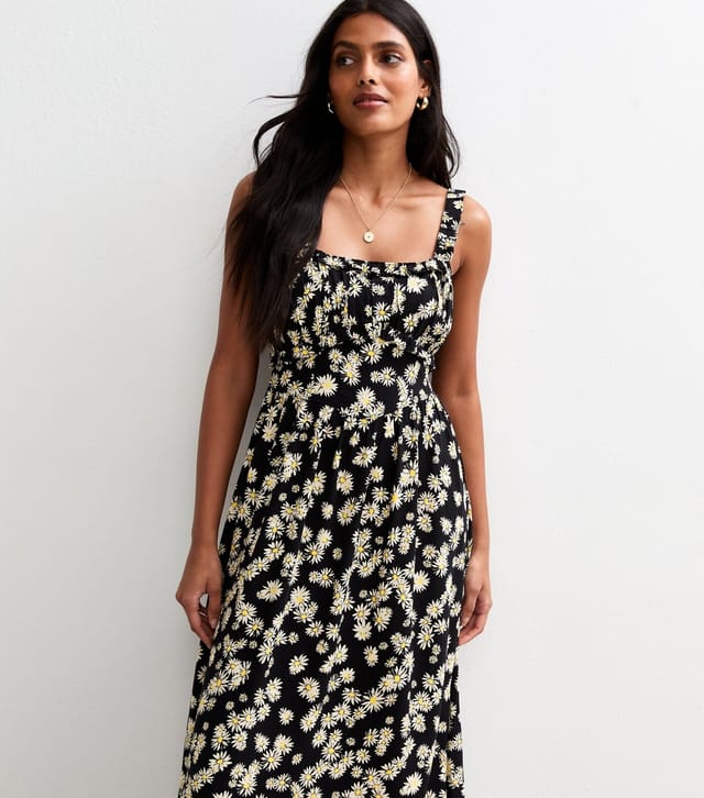 New Look Women's Black Daisy Print Frilly Trim Midi Dress New Look - 3
