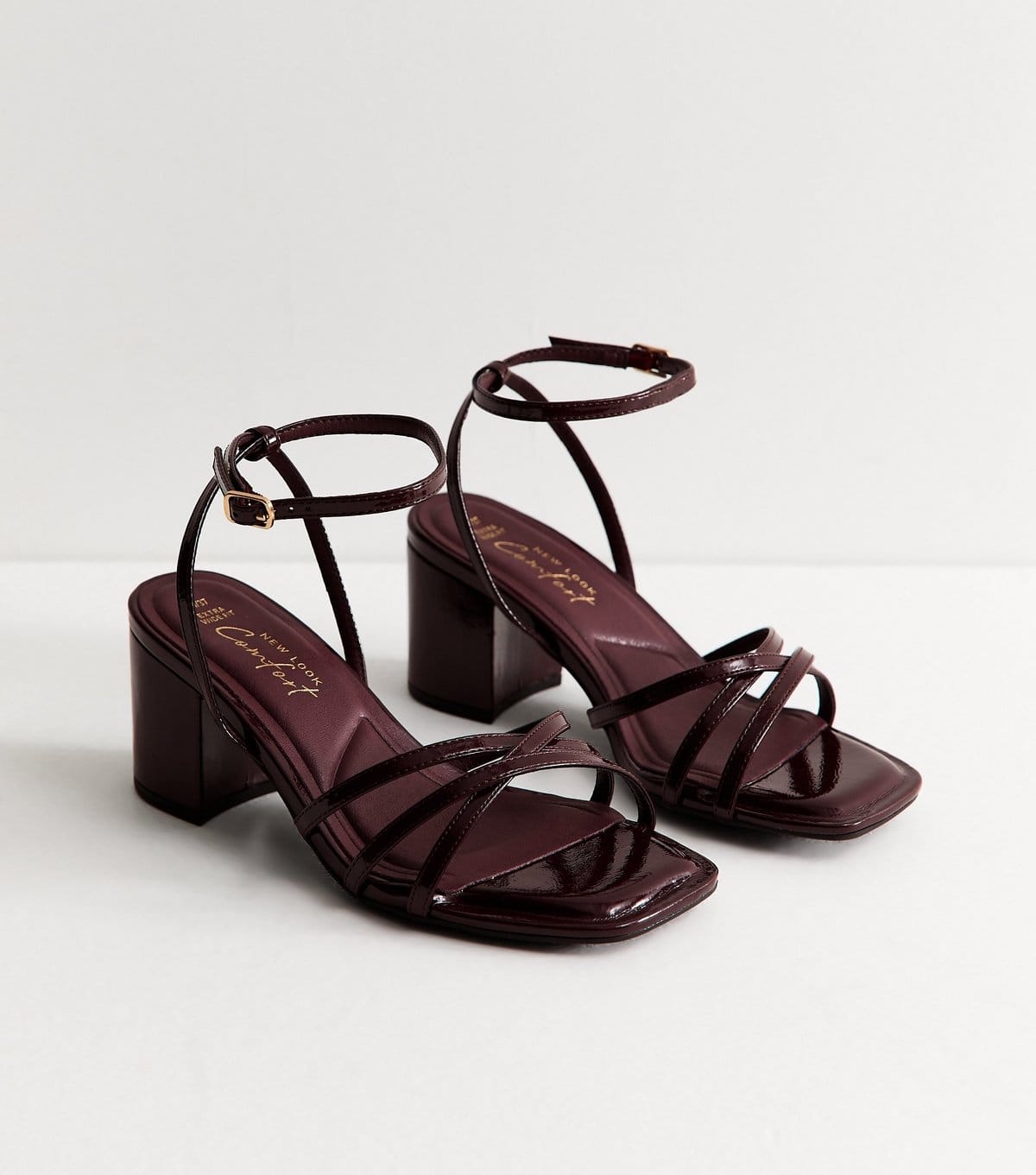New Look Women's Extra Wide Fit Dark Burgundy Patent Strappy Block Heel Sandals Vegan New Look - 4