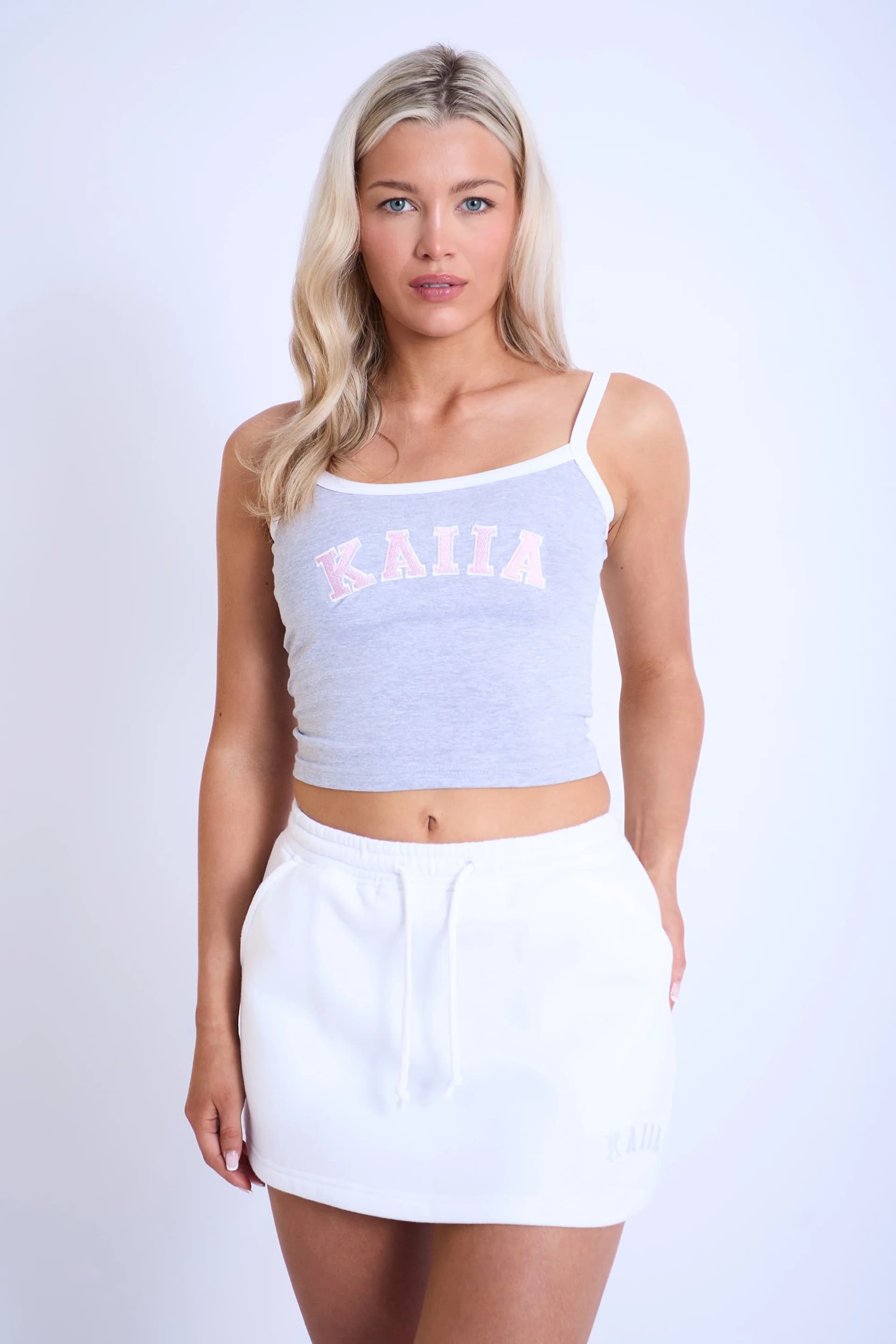Kaiia Kaiia Contrast Trim Cami Vest Top Grey Marl & Pink