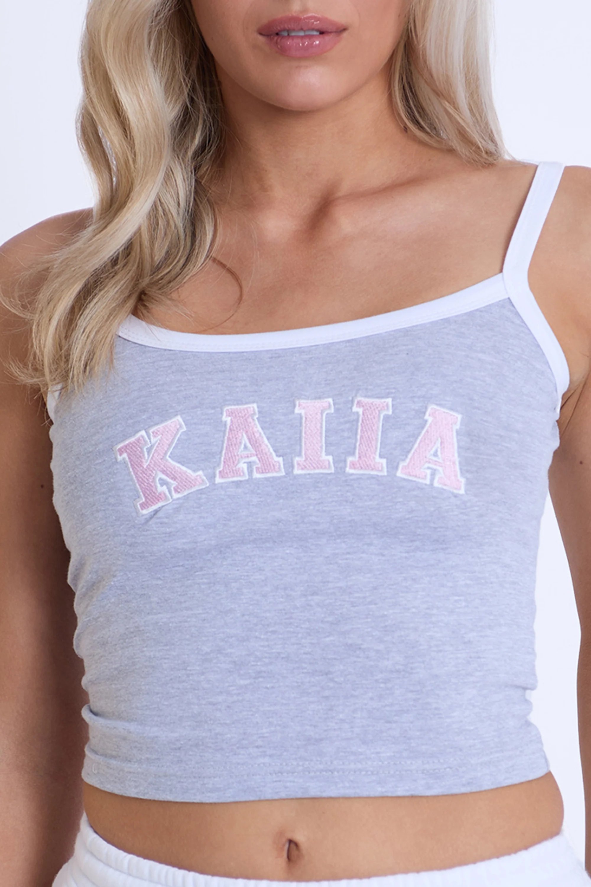 Kaiia Kaiia Contrast Trim Cami Vest Top Grey Marl & Pink - 2