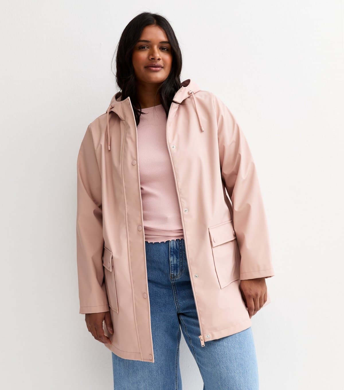 New Look Women's Plus Size Pale Pink Water Resistant Drawstring Hood Rain Anorak Curves New Look