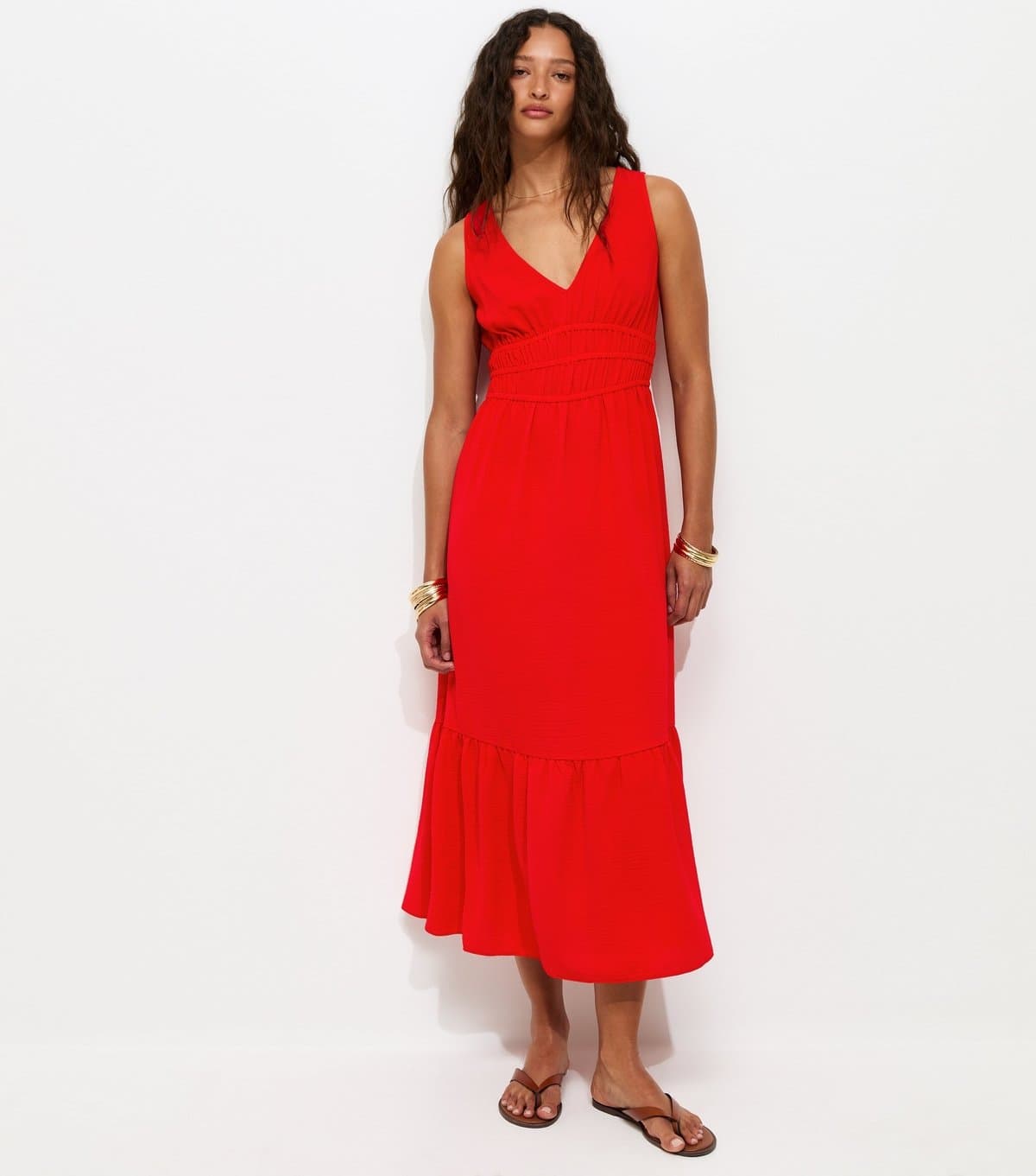 New Look Women's Bright Red Ruched Waist V-Neck Midi Dress New Look