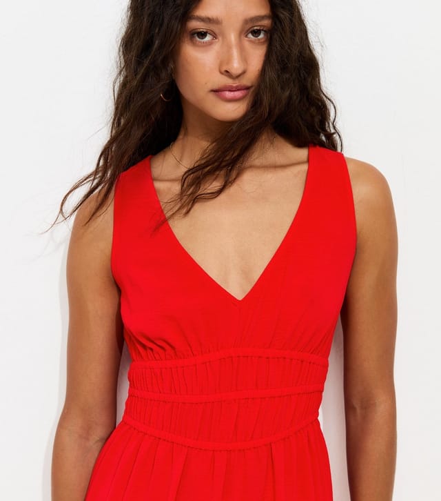 New Look Women's Bright Red Ruched Waist V-Neck Midi Dress New Look - 3