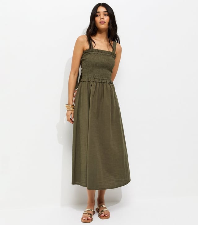 New Look Women's Dark Khaki Cotton Shirred Bow Strap Midi Dress New Look - 3