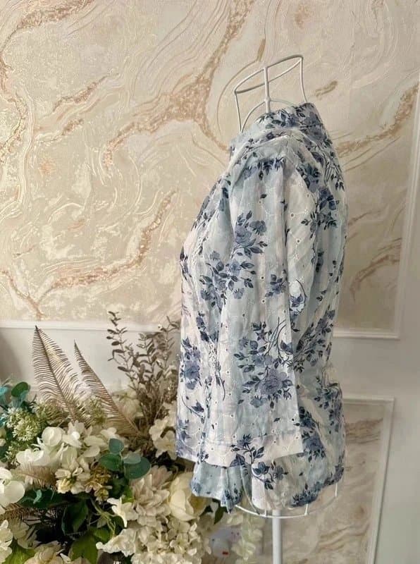 Vintage Dressing Women’s boutique floral embroidered cottage core blue & white blouse summer occasion