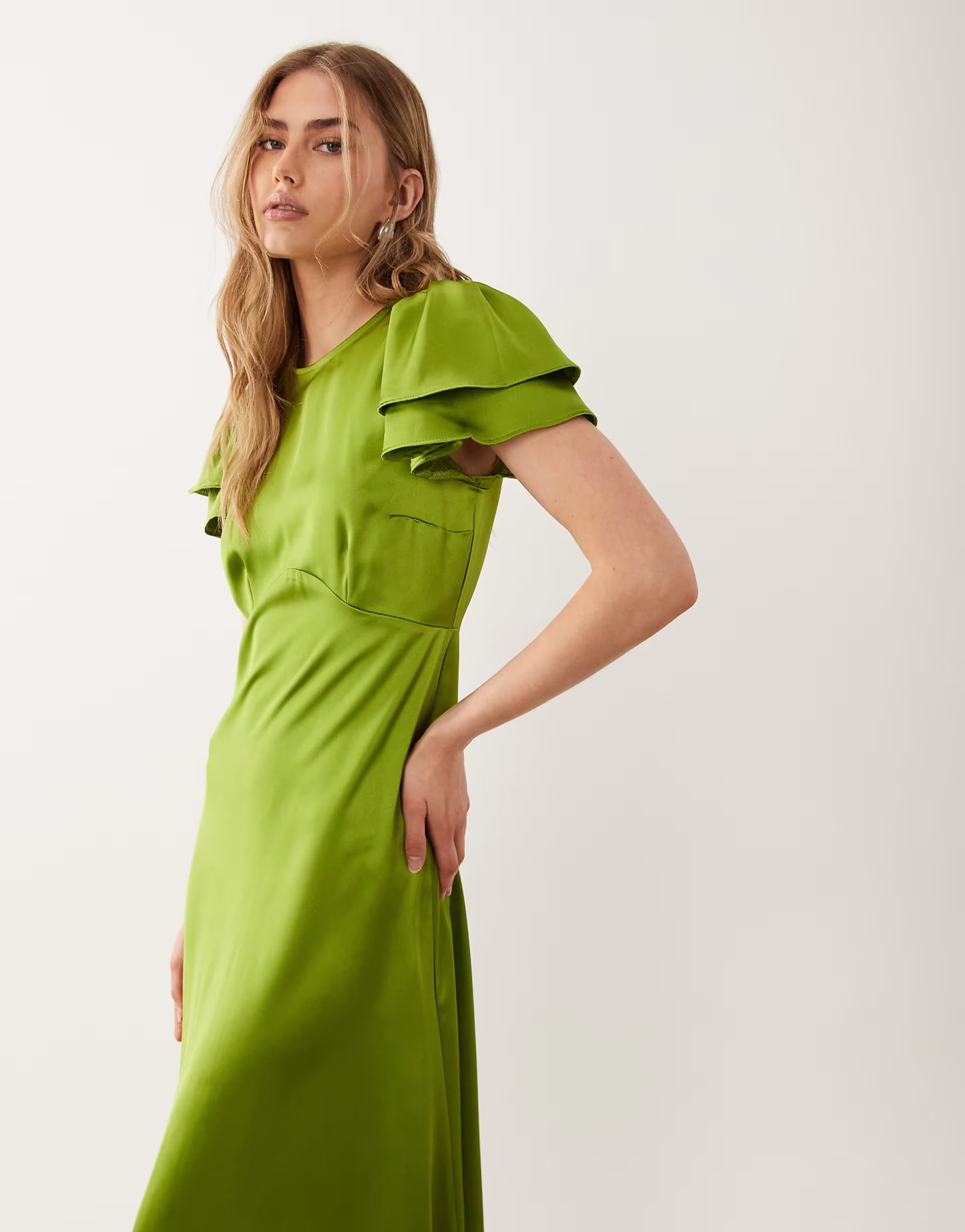 ASOS New Look flutter sleeve satin midi dress in light green