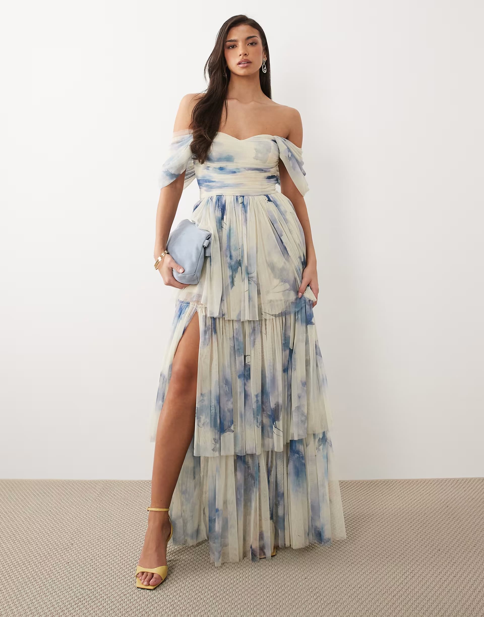 ASOS Lace & Beads off shoulder tulle maxi dress in blue floral print