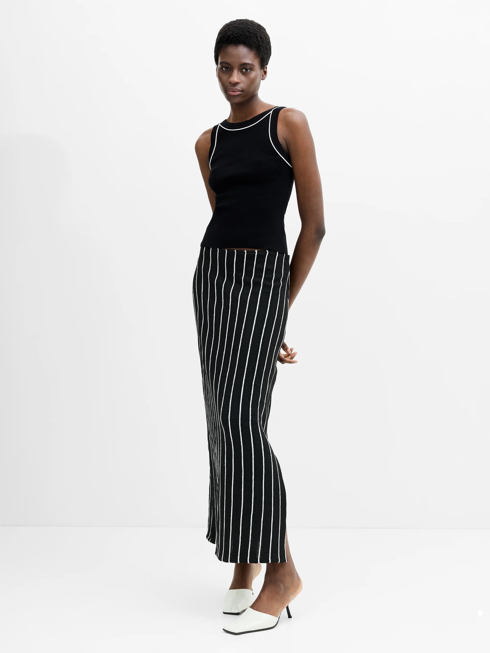 French Connection Crochet Knit Striped Black Maxi Skirt Black/Summer White