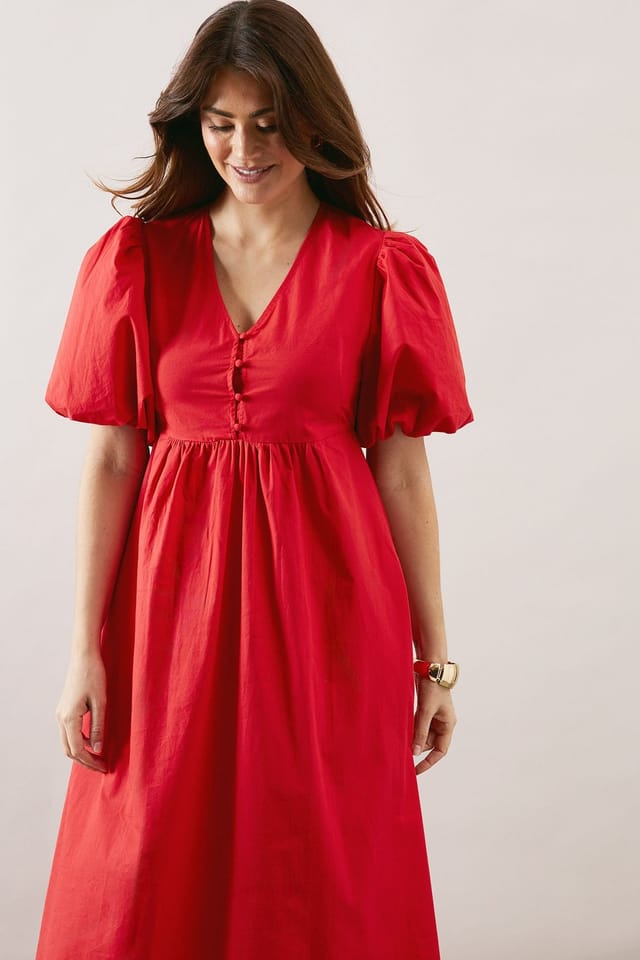 Wallis Wallis Women's Cotton Poplin Button Midi Dress in Red - 2