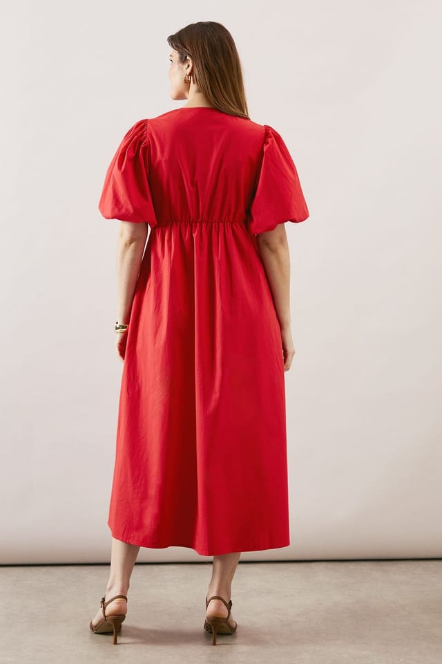 Wallis Wallis Women's Cotton Poplin Button Midi Dress in Red - 3