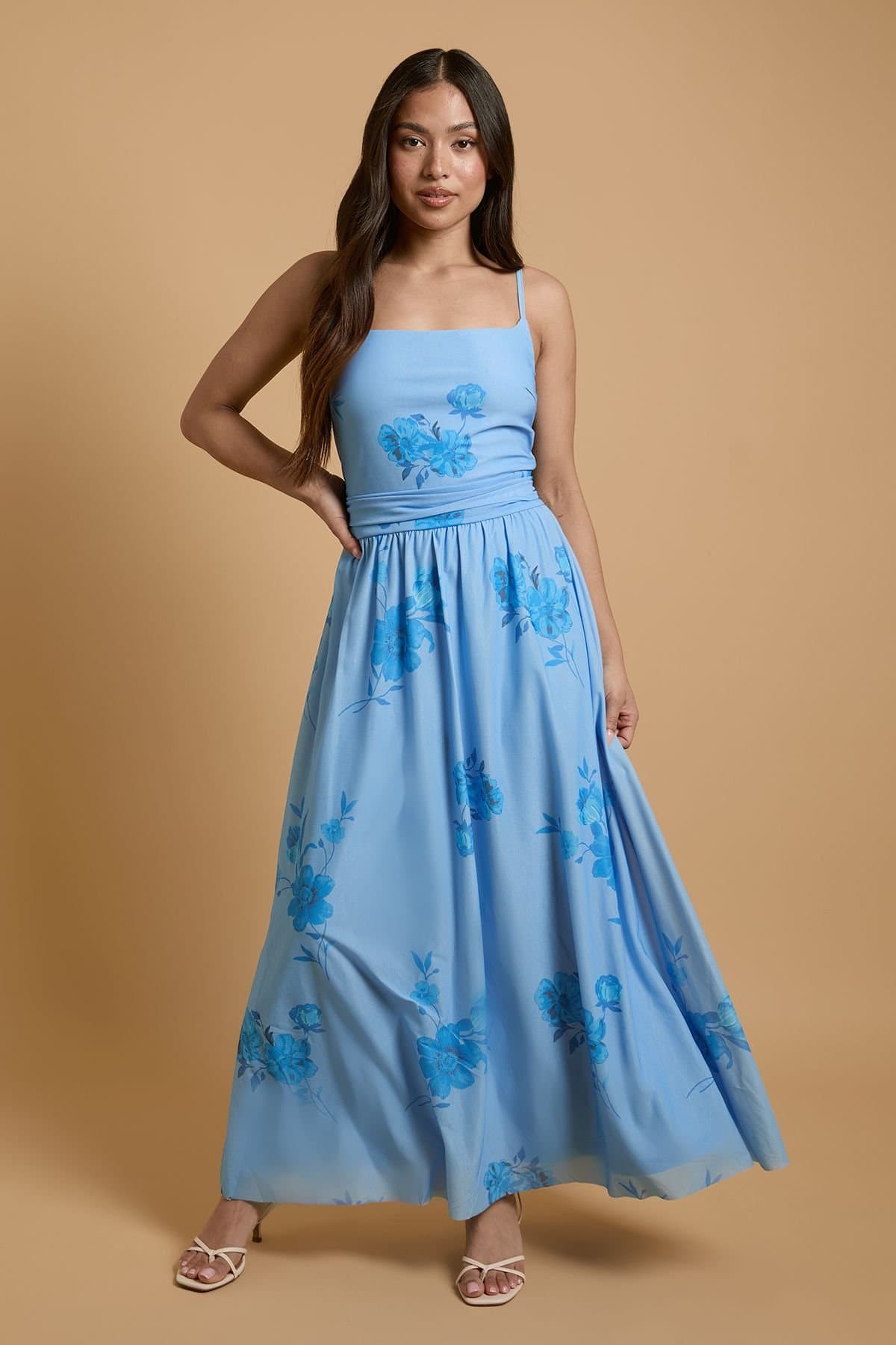 Oasis Oasis Women's Petite Printed Mesh Strappy Prom Midi Dress in Blue