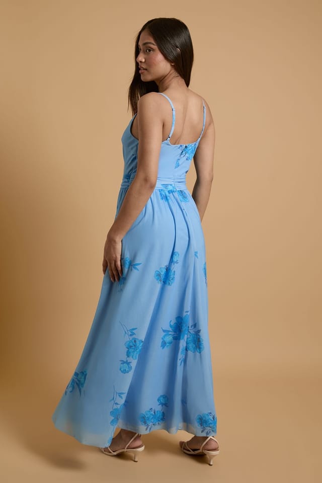 Oasis Oasis Women's Petite Printed Mesh Strappy Prom Midi Dress in Blue - 3