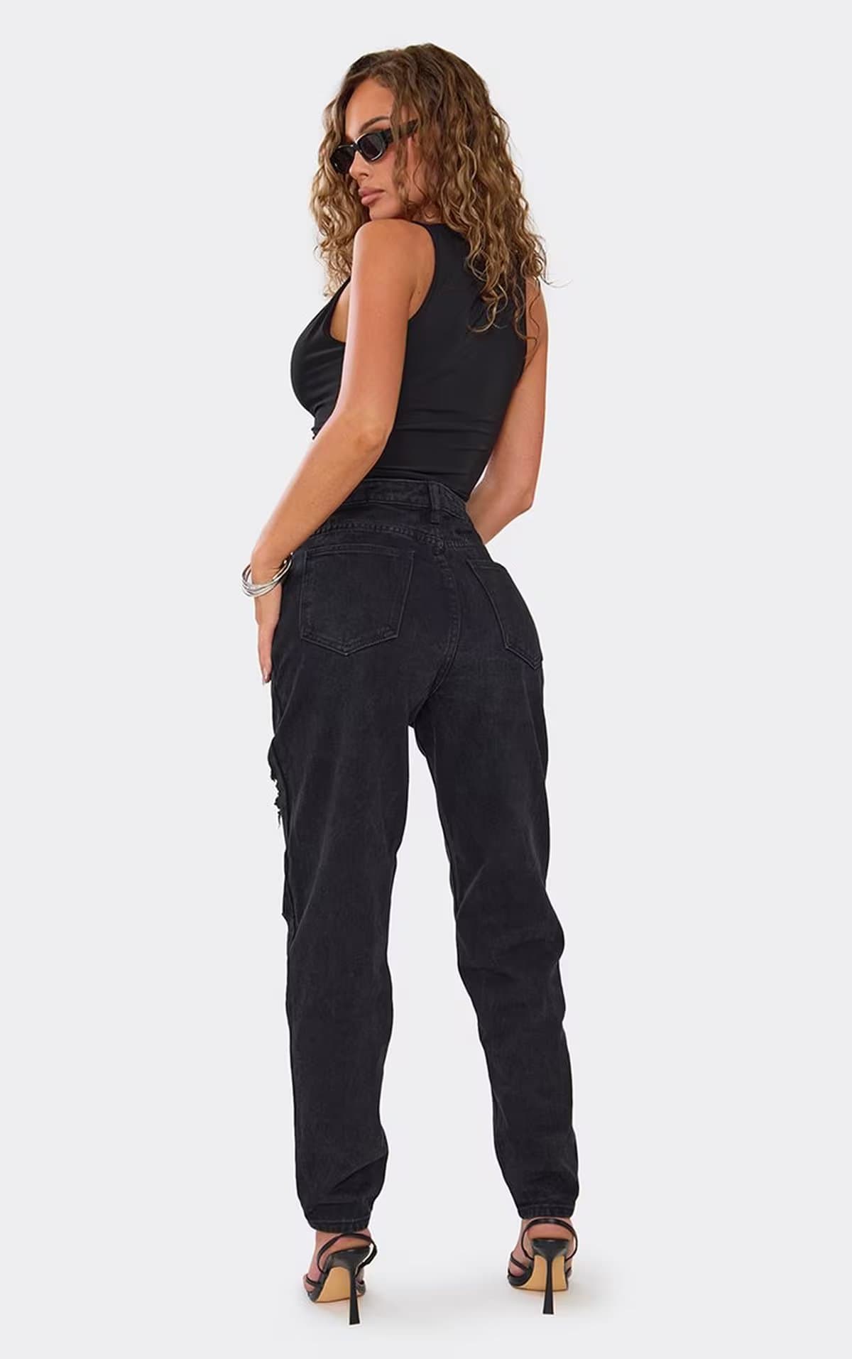 EGO Distressed Detail Boyfriend Jeans In Washed Black Denim, Women's Size UK 6