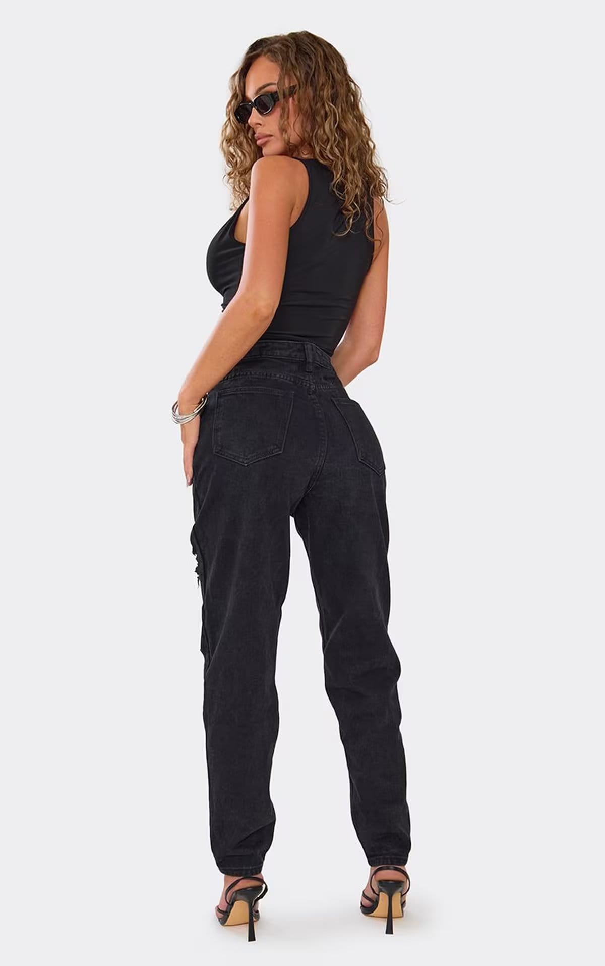 EGO Distressed Detail Boyfriend Jeans In Washed Black Denim