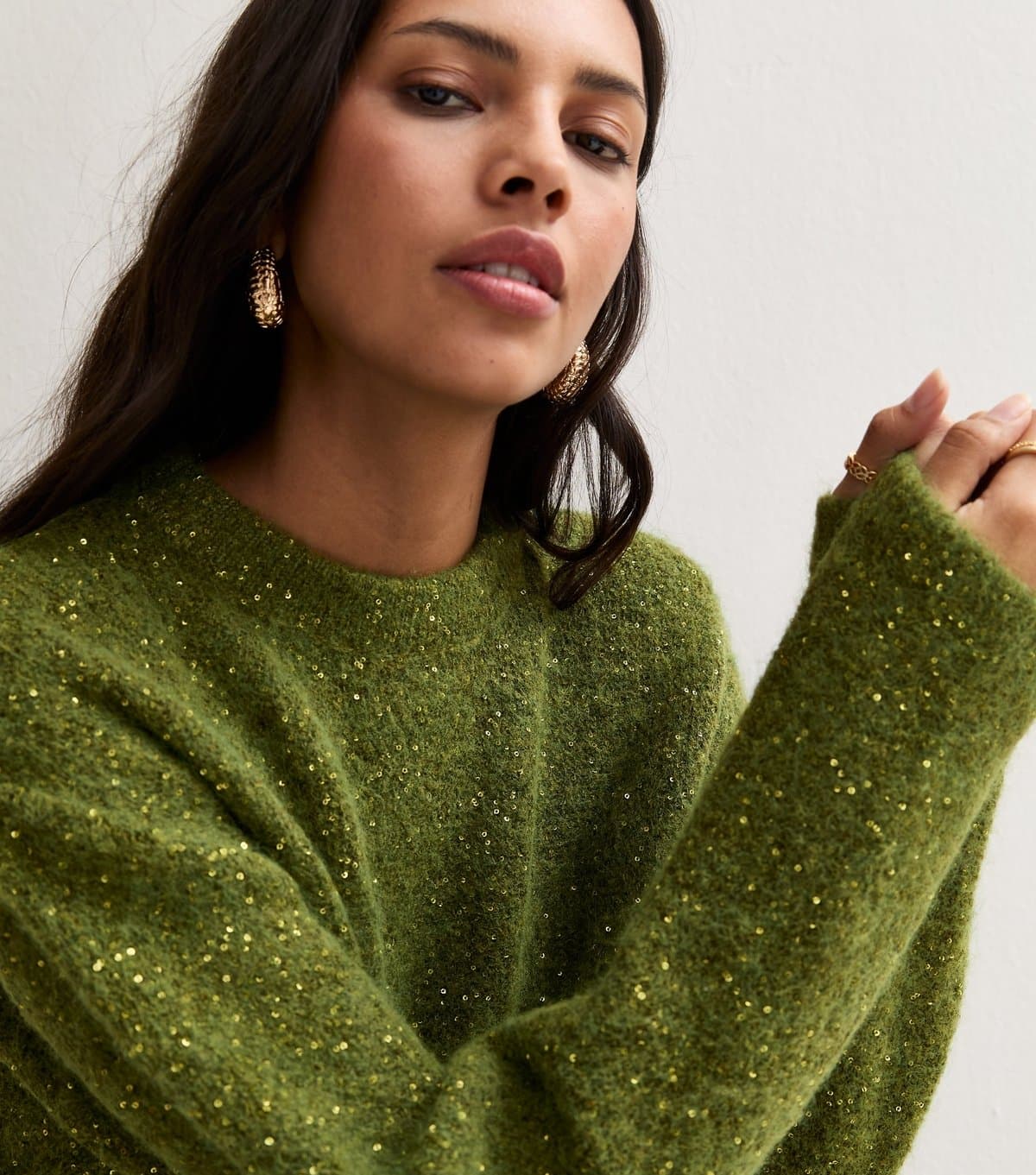 New Look Women's Light Khaki Sequin Knit Crew Neck Jumper with Wool New Look
