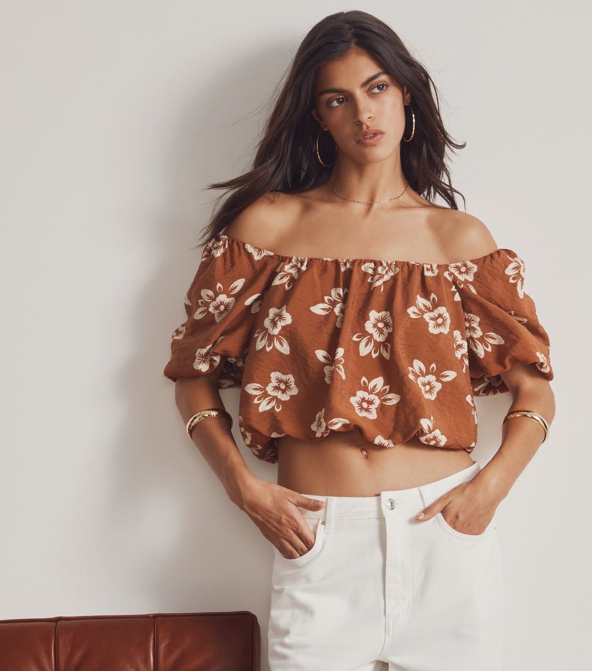 New Look New Look Brown Floral Print Puff Sleeve Crop Top