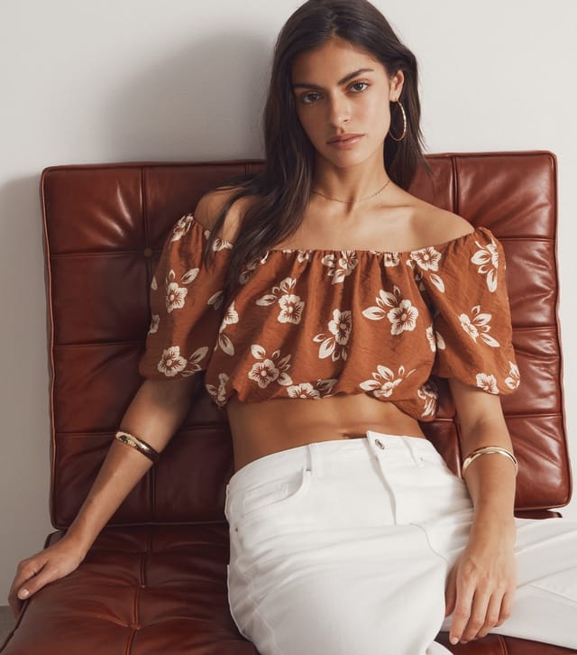 New Look Women's Brown Floral Print Puff Sleeve Crop Top New Look - 3