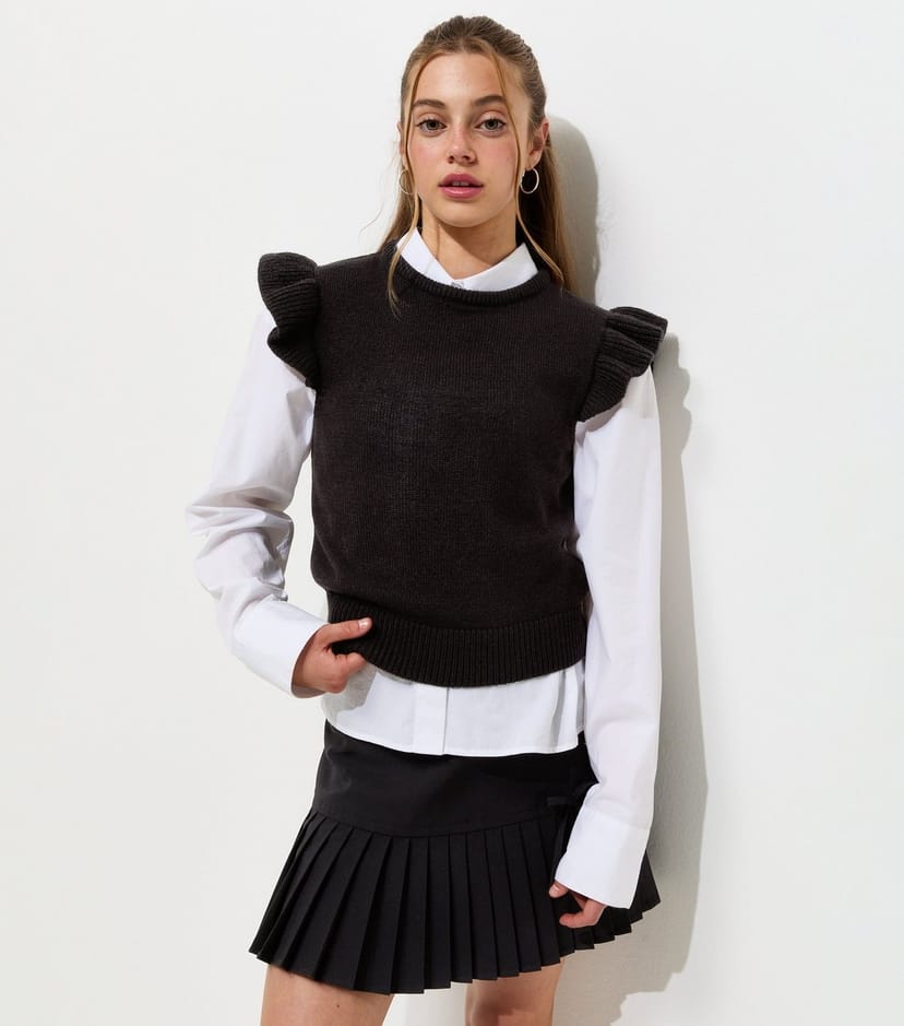 New Look Girls' Black Knitted Frill Sleeve Vest Top School New Look - 1