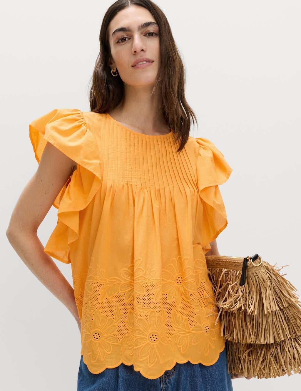 Marks & Spencer M&S Pure Cotton Pintuck Embroidered Top Mango