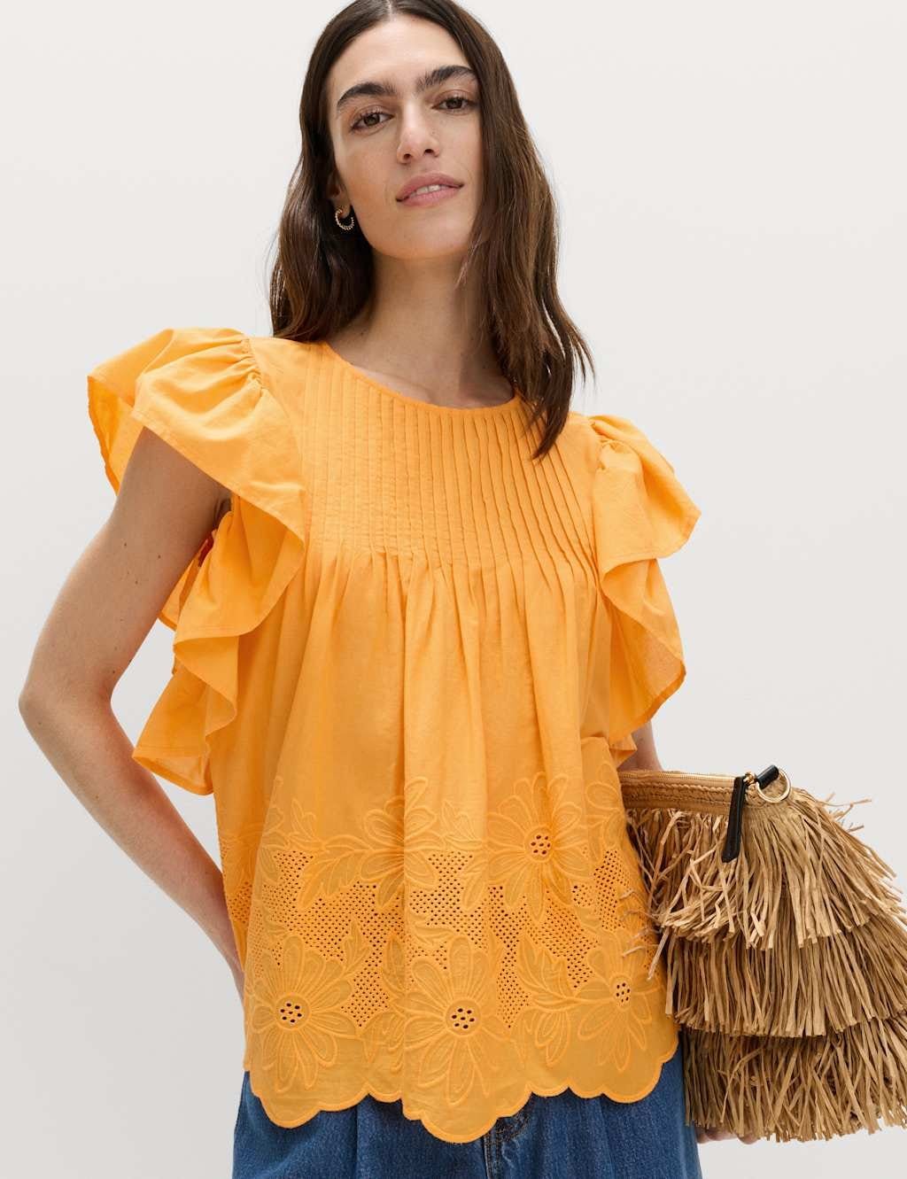M&S Pure Cotton Pintuck Embroidered Top Mango