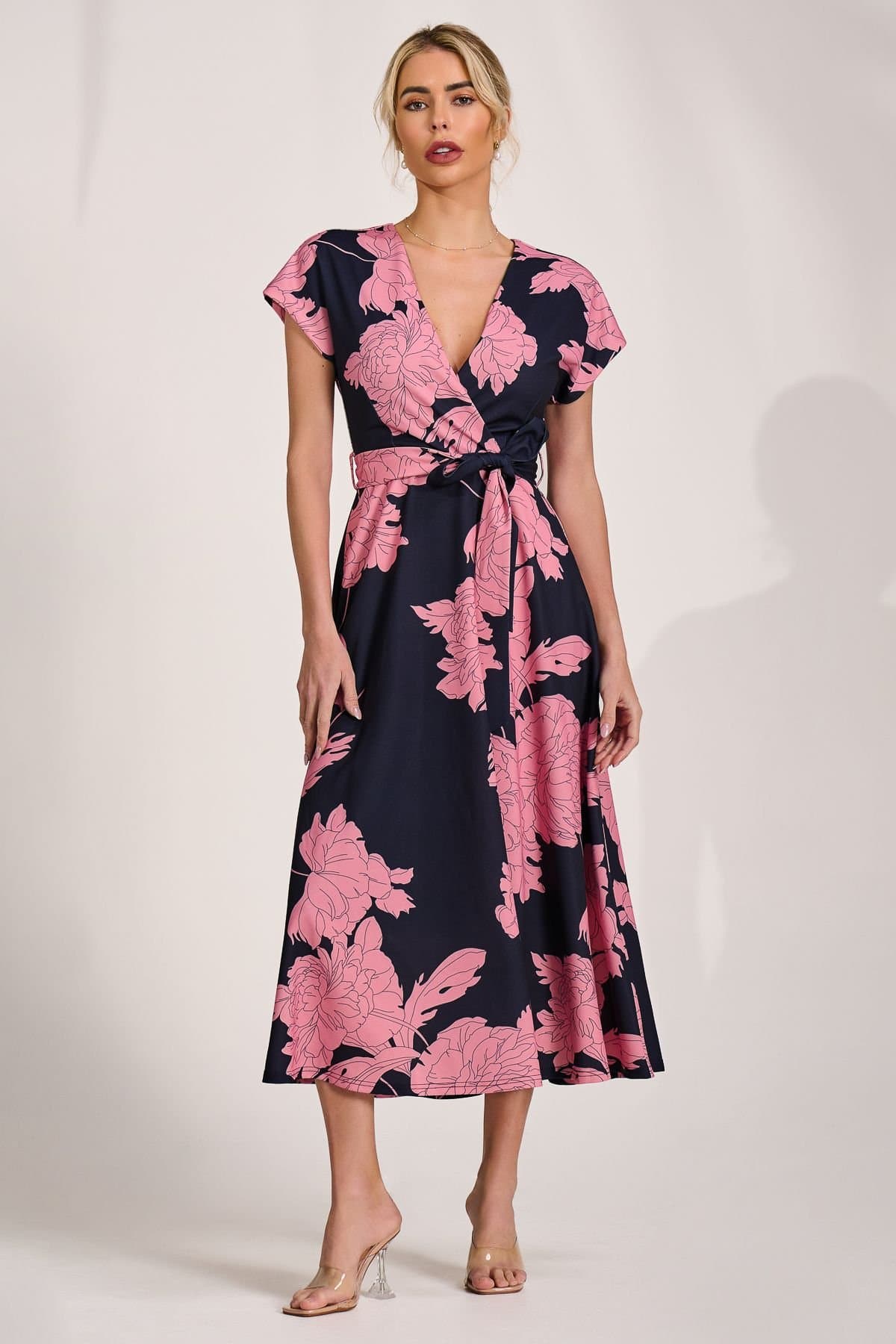 Jolie Moi Jolie Moi Women's Kimono Sleeve Print Scuba Midi Dress in Dark Navy