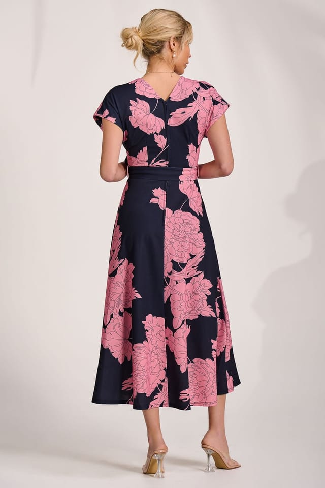Jolie Moi Jolie Moi Women's Kimono Sleeve Print Scuba Midi Dress in Dark Navy - 2