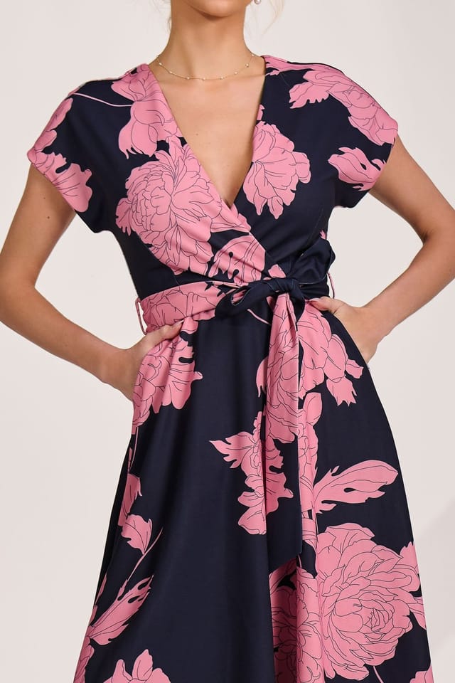 Jolie Moi Jolie Moi Women's Kimono Sleeve Print Scuba Midi Dress in Dark Navy - 3
