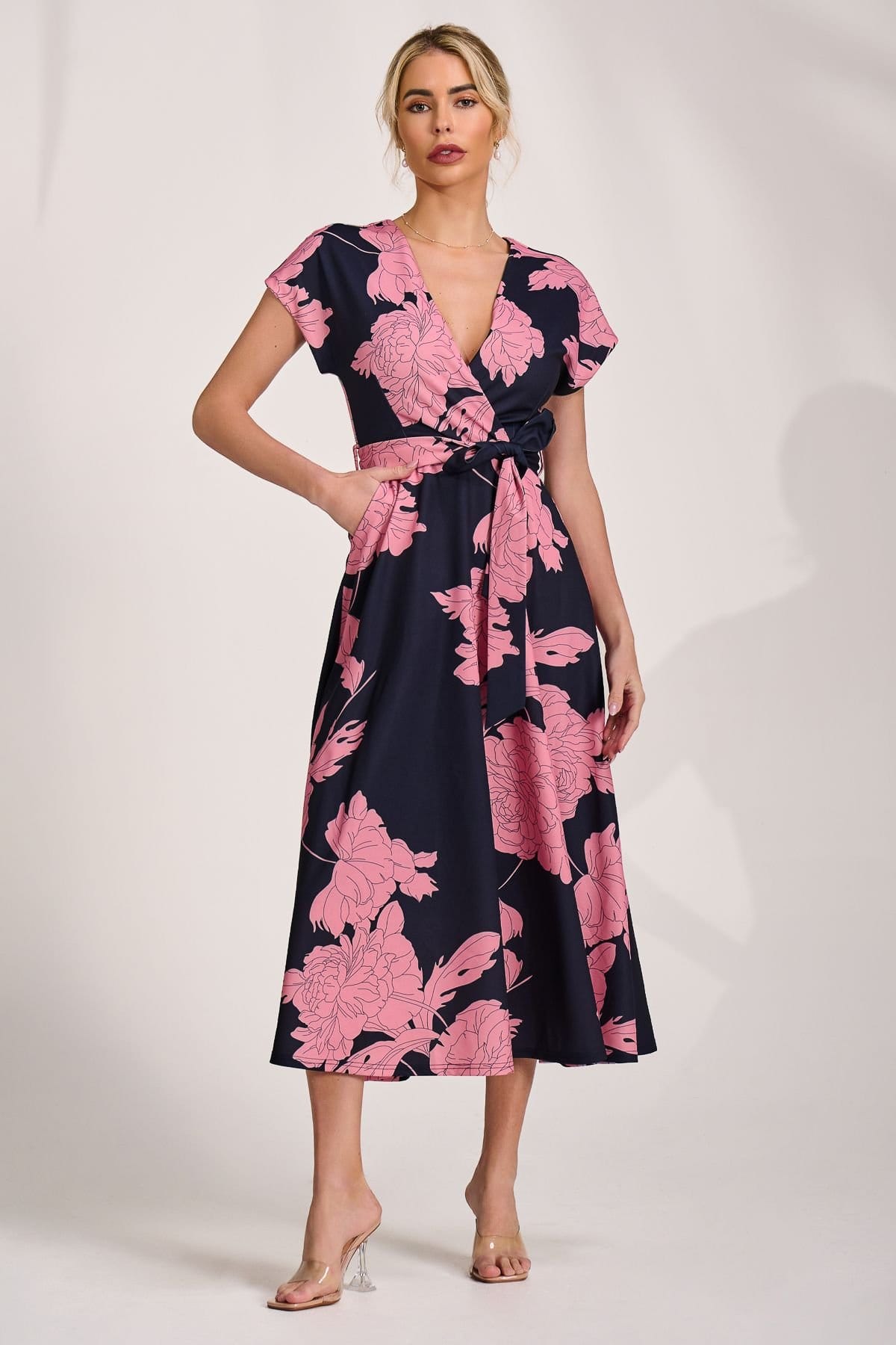 Jolie Moi Jolie Moi Women's Kimono Sleeve Print Scuba Midi Dress in Dark Navy - 4