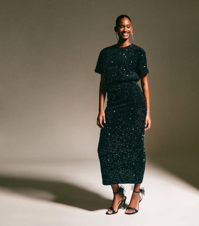 New Look Women's Black Velvet Sequin Embellished Midi Skirt New Look - 2