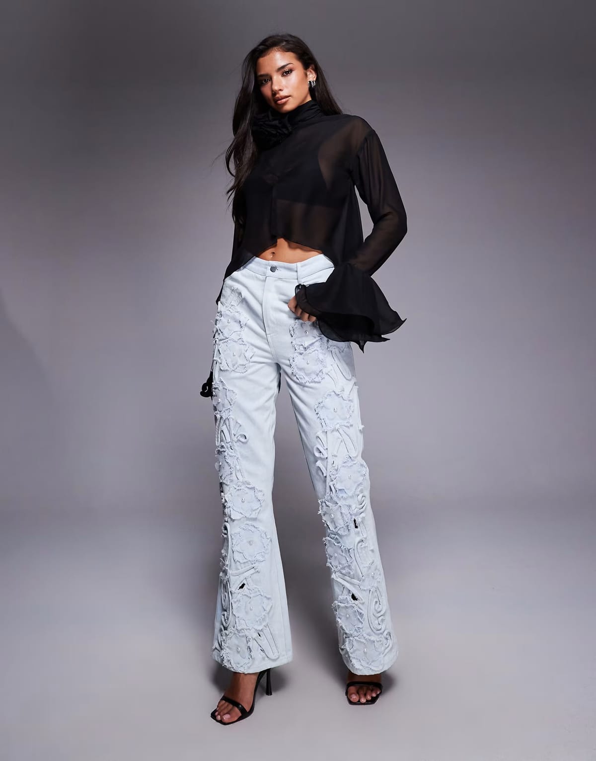 ASOS ASOS LUXE denim pearl embellished cornellli jeans with organza flowers in blue - 1