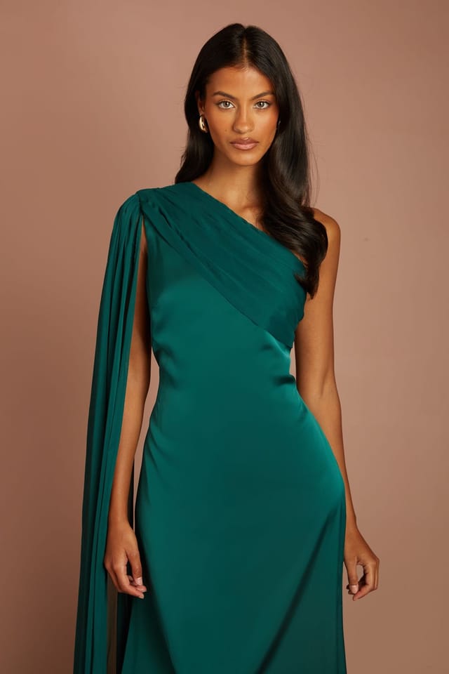 Coast Coast Women's Petite Satin One Shoulder Chiffon Drape Maxi Dress in Emerald - 2