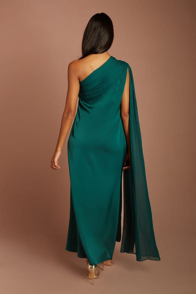 Coast Coast Women's Petite Satin One Shoulder Chiffon Drape Maxi Dress in Emerald - 3
