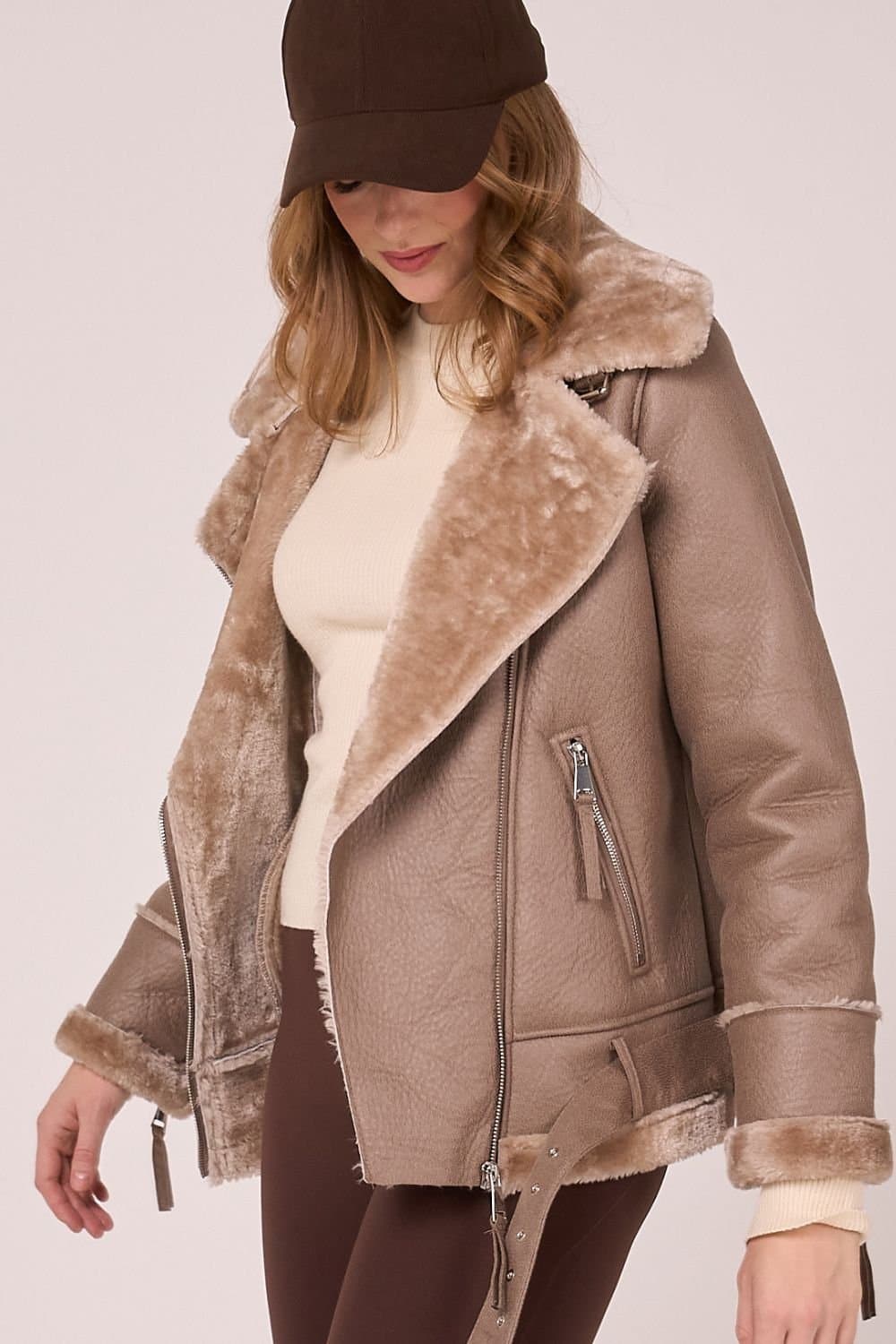Barneys Originals Barneys Originals Women's Faux Shearling Belted Aviator in Beige