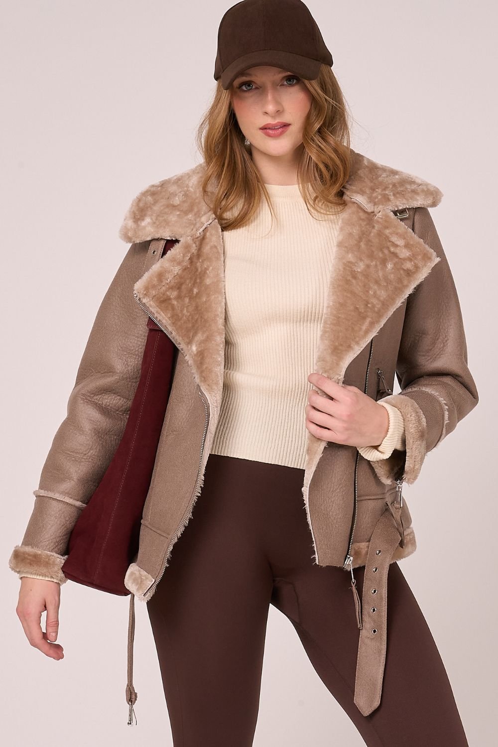 Barneys Originals Barneys Originals Women's Faux Shearling Belted Aviator in Beige - 2