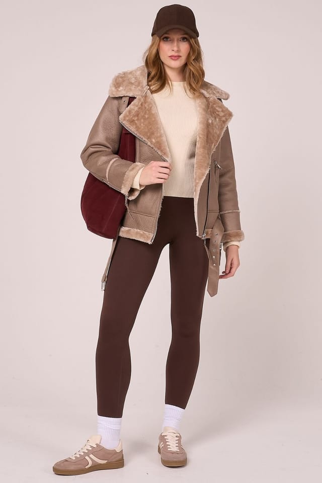 Barneys Originals Barneys Originals Women's Faux Shearling Belted Aviator in Beige - 3