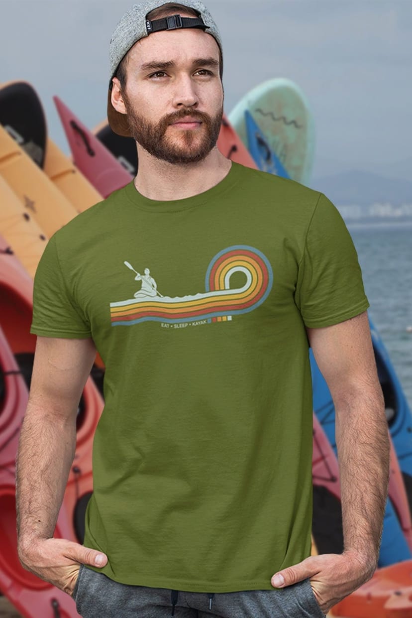 Bad Zebedee Bad Zebedee Men's Retro Lines Kayak T-Shirt in Khaki - 1