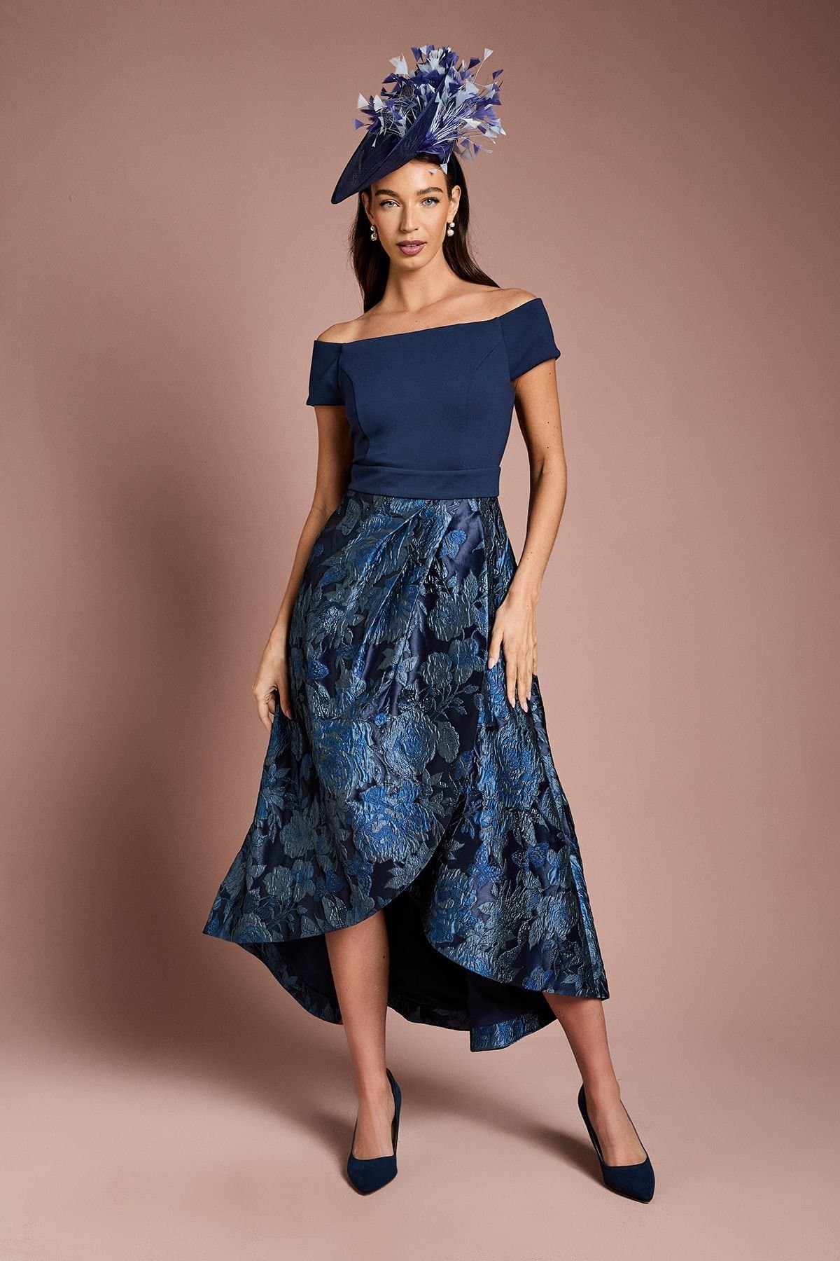 Coast Coast Women's Lisa Tan Stretch Bardot Jacquard Skirt Midi Dress in Navy