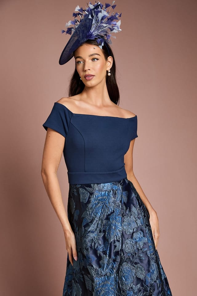 Coast Coast Women's Lisa Tan Stretch Bardot Jacquard Skirt Midi Dress in Navy - 2
