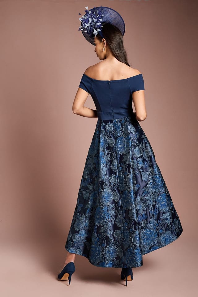 Coast Coast Women's Lisa Tan Stretch Bardot Jacquard Skirt Midi Dress in Navy - 3