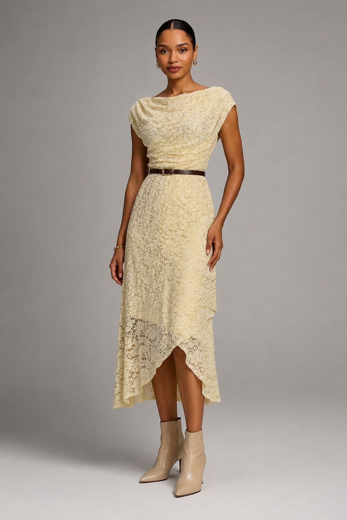 Jolie Moi Jolie Moi Women's Lace Sequin Embellished Midi Dress in Yellow