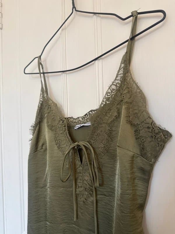 Bershka Bershka Lace Satin Slip Dress Olive Green