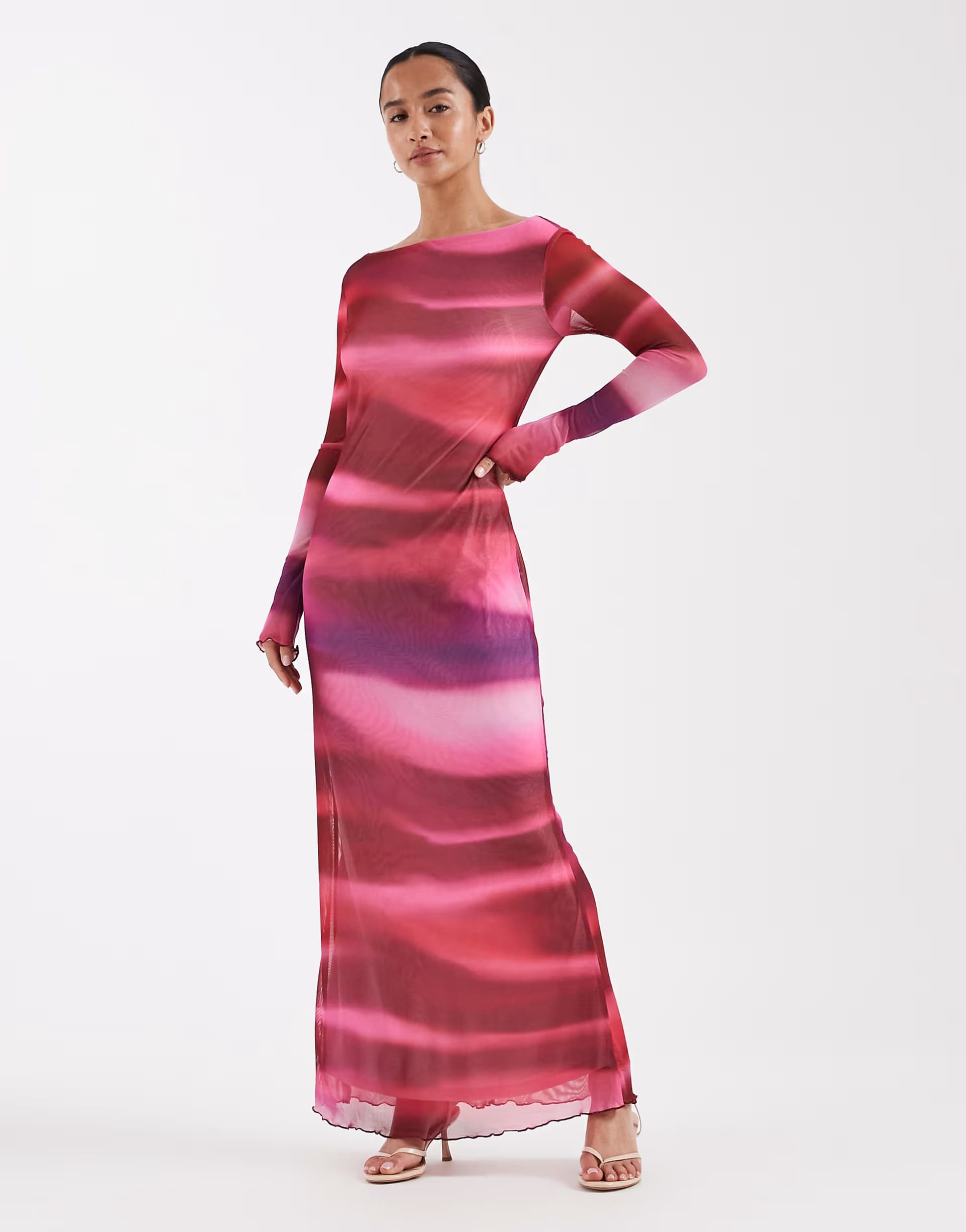ASOS Vero Moda Petite long sleeve mesh maxi dress in pink abstract print