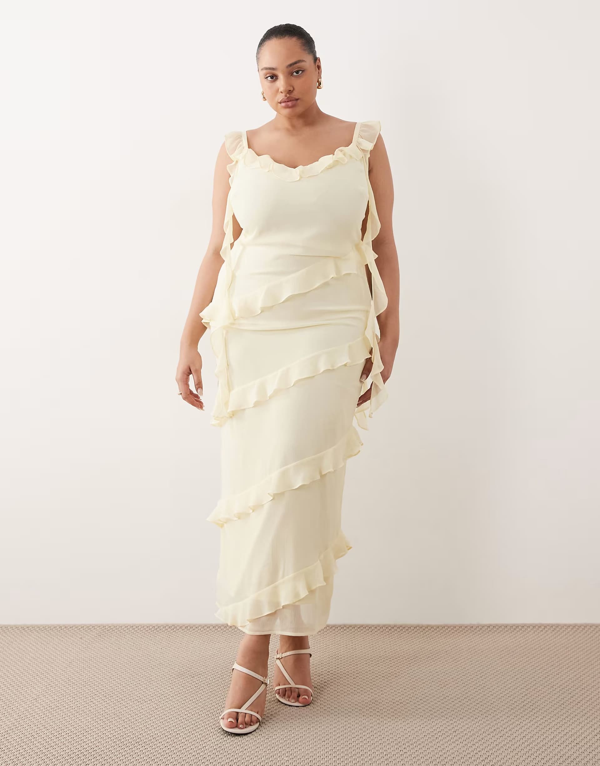 ASOS Pretty Lavish Curve Rue chiffon ruffle drape detail maxi dress in lemon