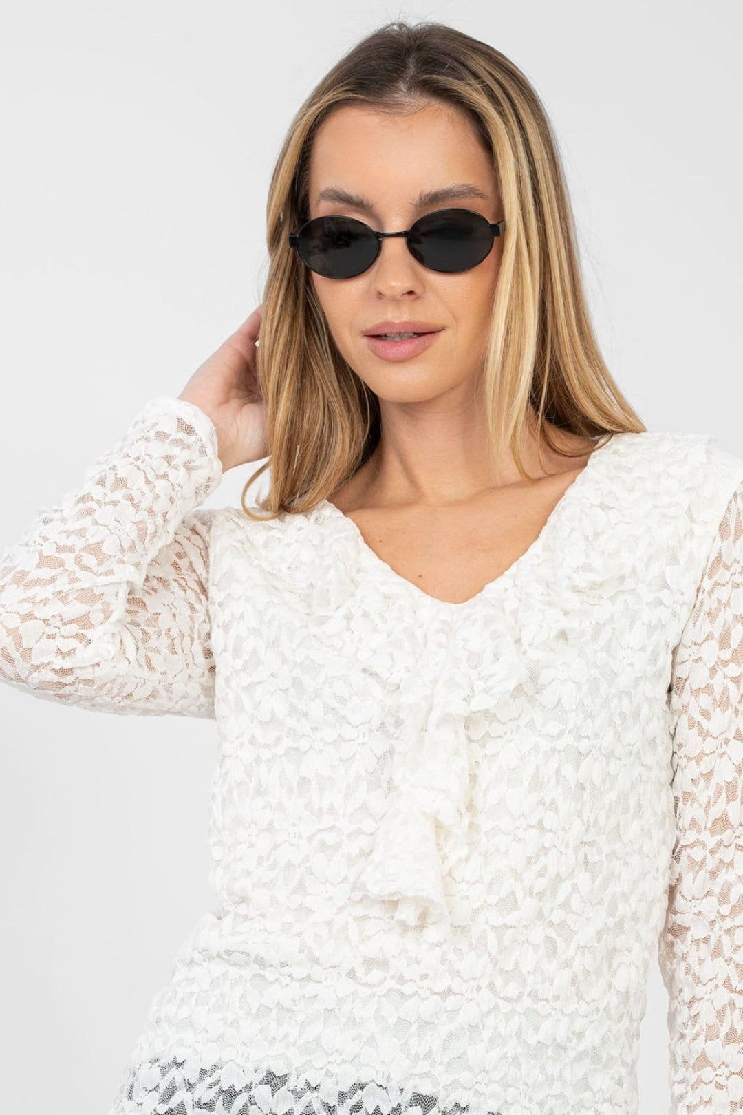 Love Lace Love Lace Women's Elegant Lace Blouse with Jabot Detail in White - 4