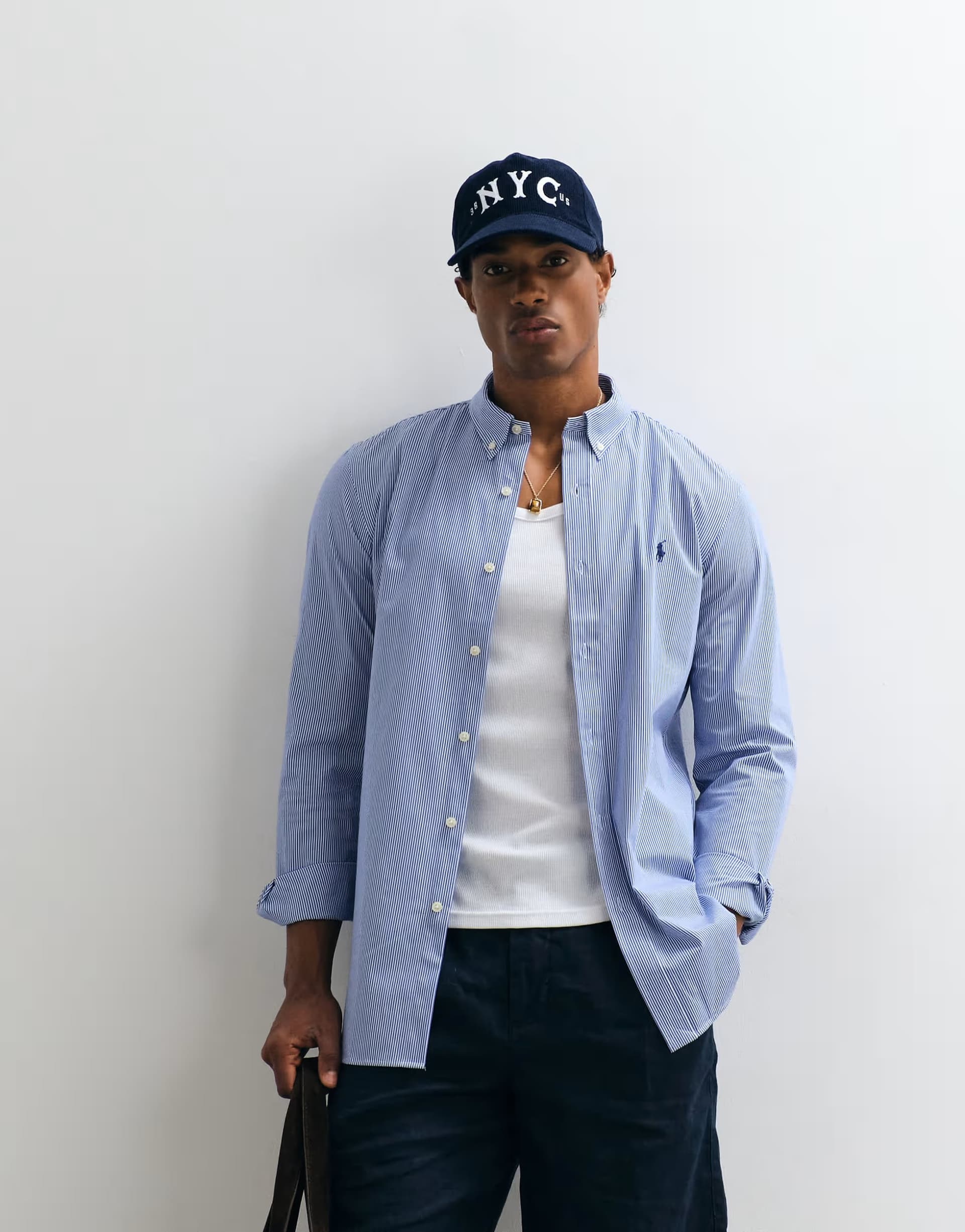 ASOS Polo Ralph Lauren icon logo fine stripe slim fit poplin shirt in blue/white