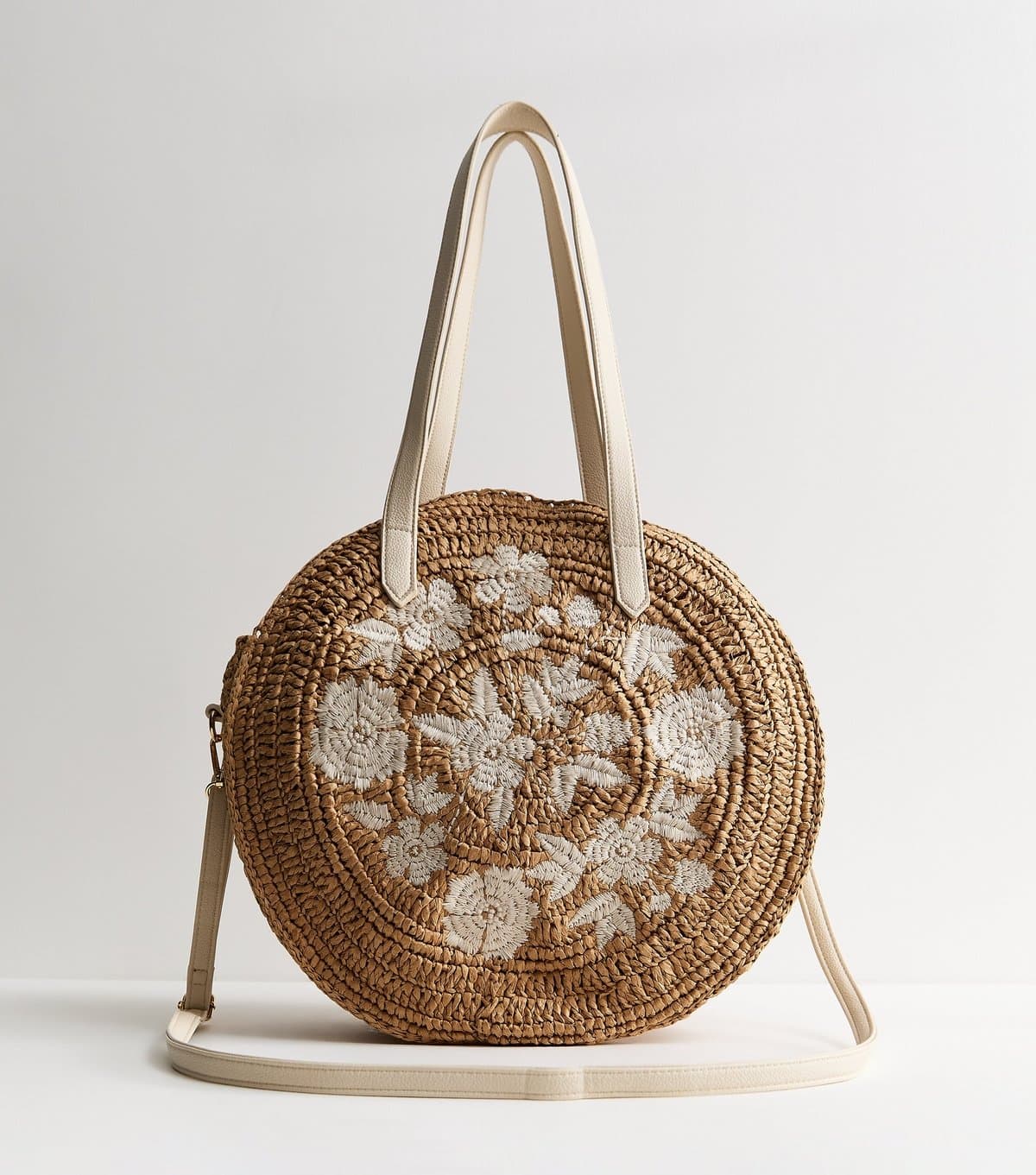 New Look Stone Floral Embroidered Woven Raffia Circular Bag New Look