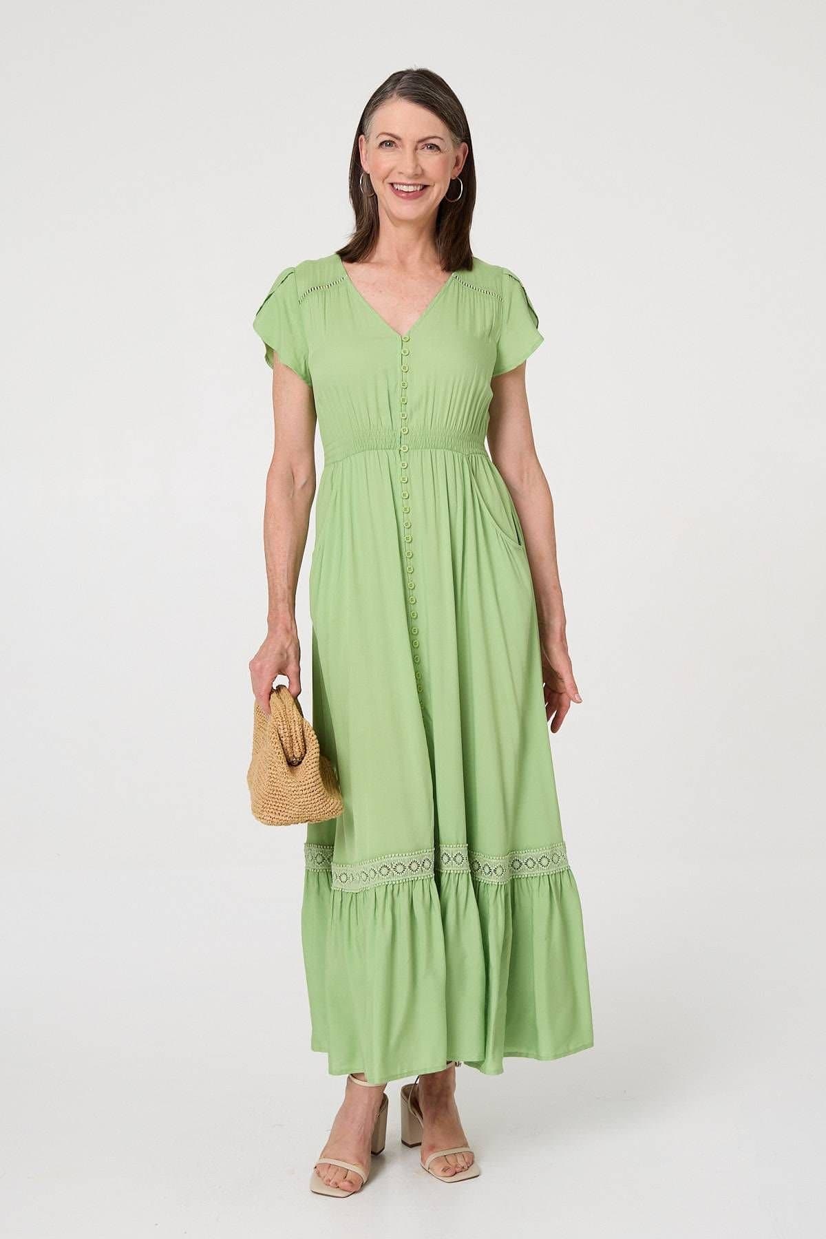Izabel London Izabel London Women's Button Front Maxi Dress with Pockets in Light Green
