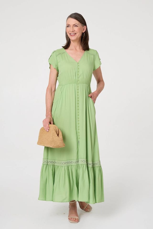 Izabel London Izabel London Women's Button Front Maxi Dress with Pockets in Light Green - 2