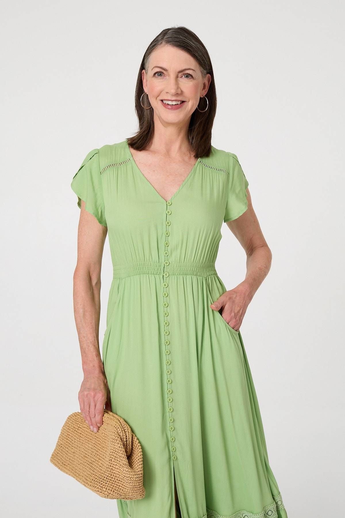 Izabel London Izabel London Women's Button Front Maxi Dress with Pockets in Light Green - 4