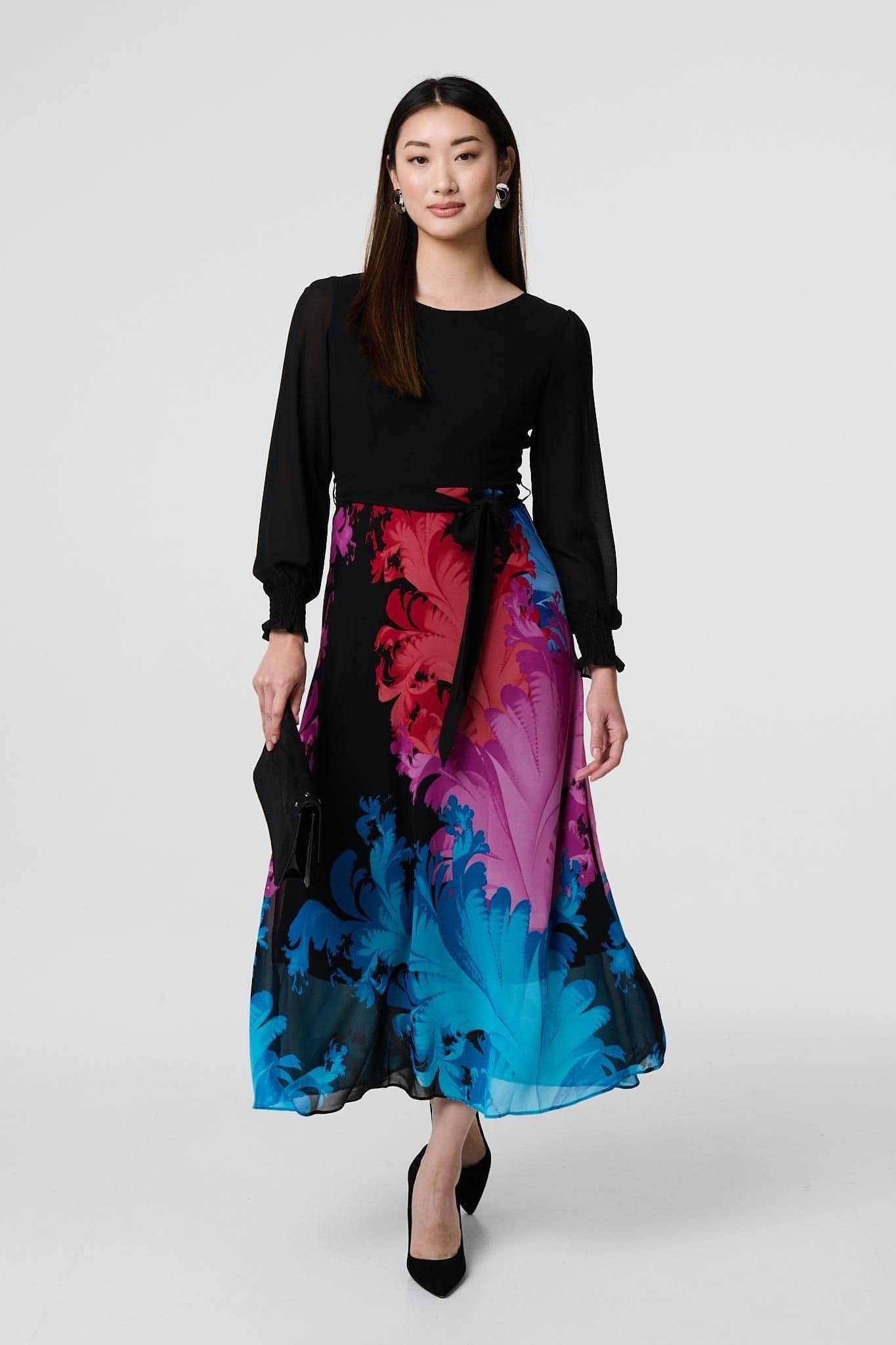 Izabel London Black Floral Midi Dress with Tie Waist